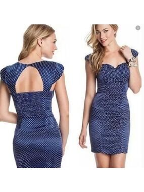Guess LA Retro Style Polka Dot Wiggle Dress Sweetheart Neckline Blue Size 10